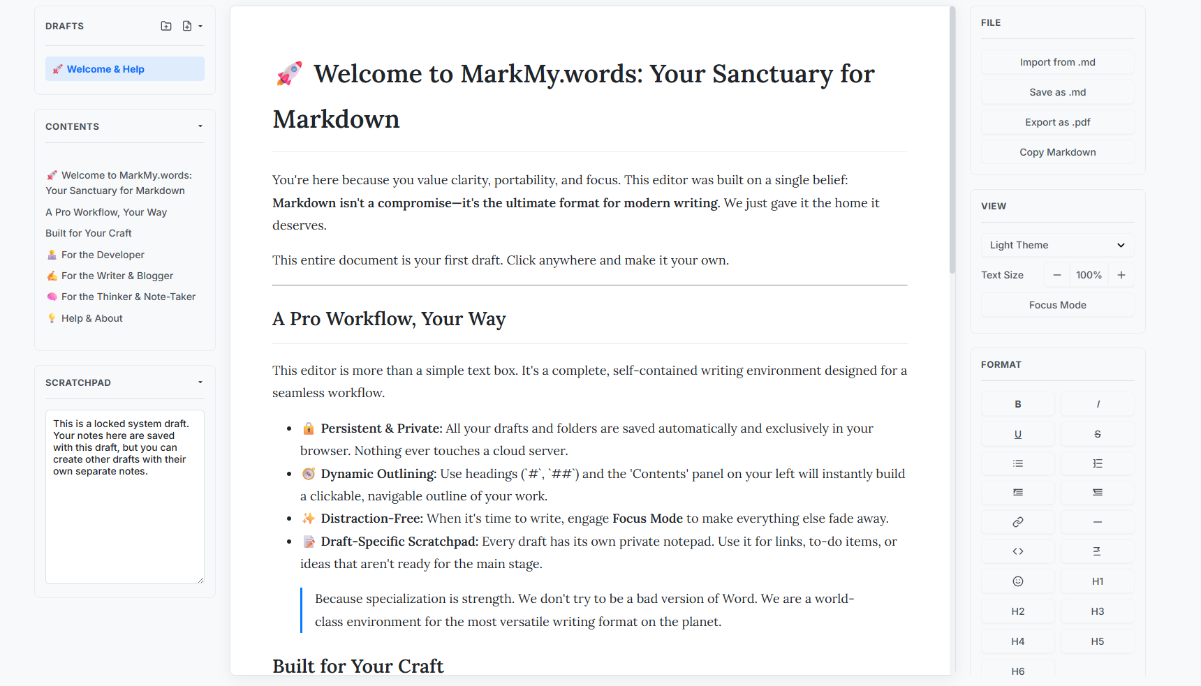Clean and private user interface of MarkMy.words Pro